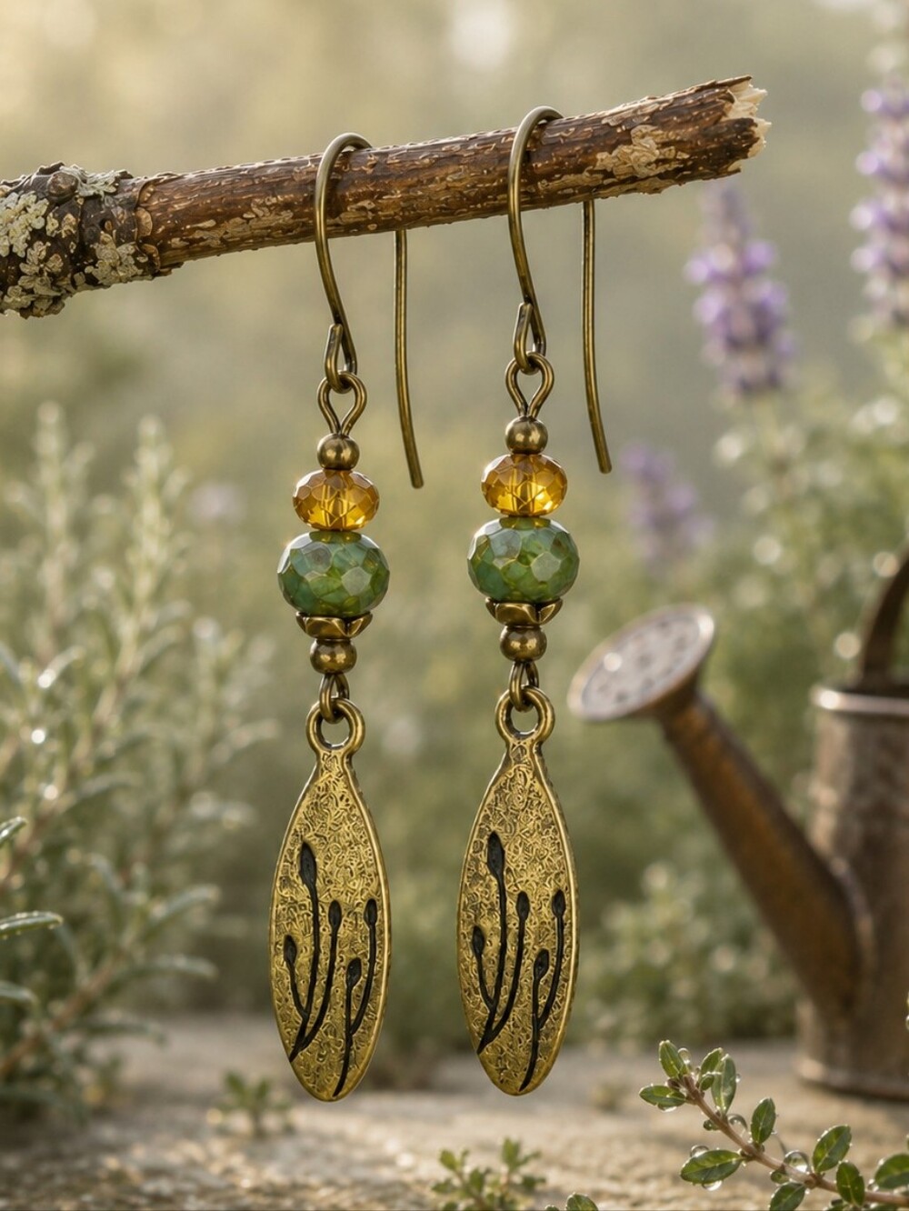 Botanical Brass Earrings Green Czech Glass Wildflower Artisan Hand Crafted